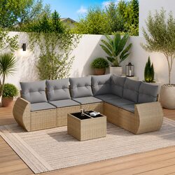 Stylish 7 Piece Beige Rattan Garden Sofa Set