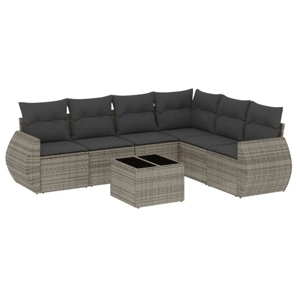 7 Piece Outdoor Garden Sofa Set Grey PE Rattan with Cushions and Tempered Glass Table
