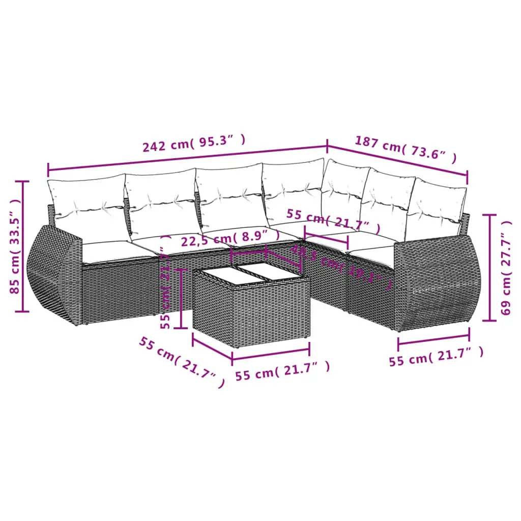 7 Piece Outdoor Garden Sofa Set Grey PE Rattan with Cushions and Tempered Glass Table