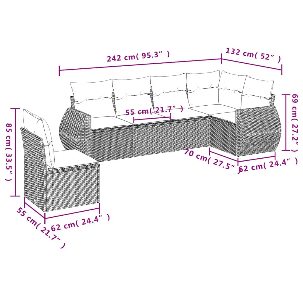 Garden Sofa Set PE Rattan 6 Piece Outdoor Furniture Grey with Cushions