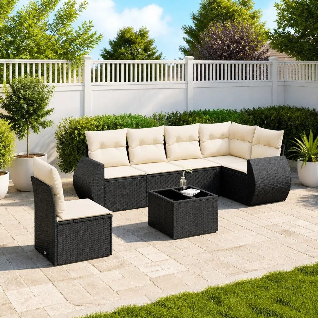 Modular 7-Piece Black Poly Rattan Garden Sofa Set