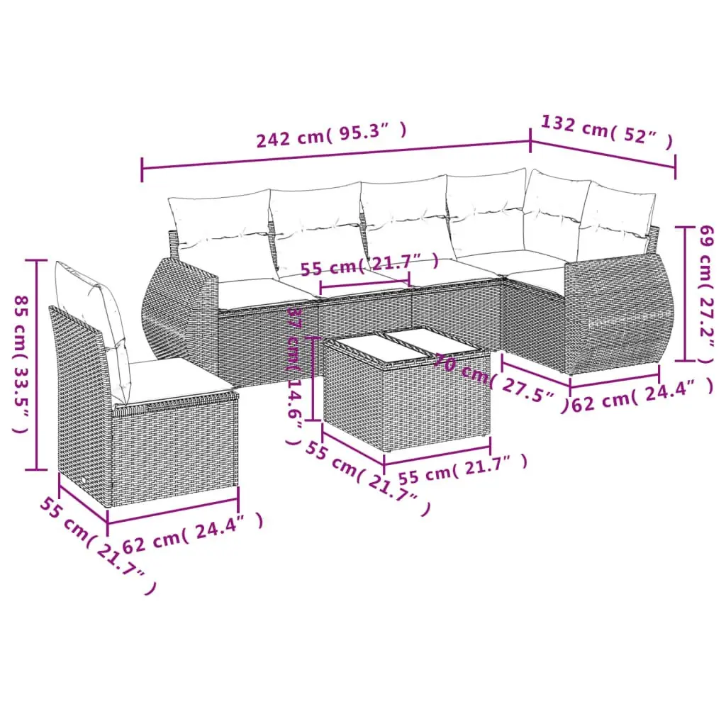Garden Sofa Set PE Rattan 7 Piece Outdoor Furniture Grey with Cushions Table