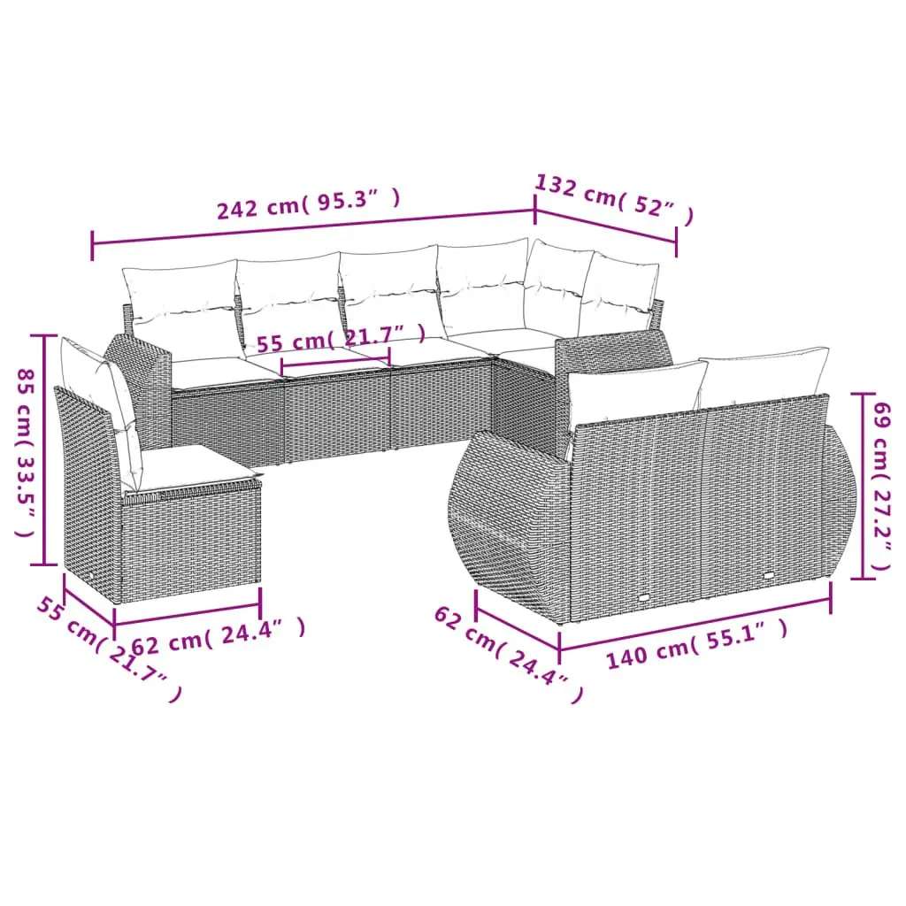 8-Piece Black Rattan Outdoor Sectional Sofa Set