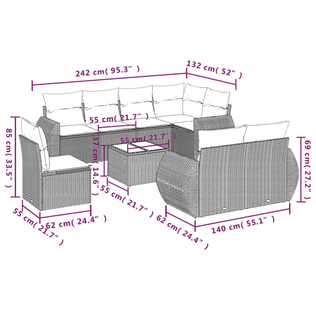 9 Piece Outdoor Sofa Set Grey PE Poly Rattan Garden Furniture
