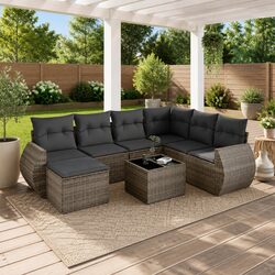 8 Piece Grey Outdoor Sectional Sofa Set with Glass Table