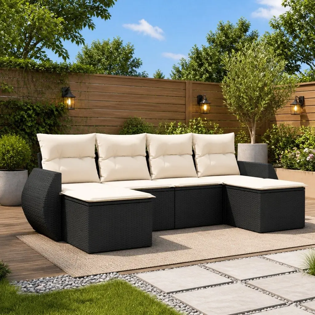 Outdoor Sectional Sofa Set PE Poly Rattan 6 Piece Black
