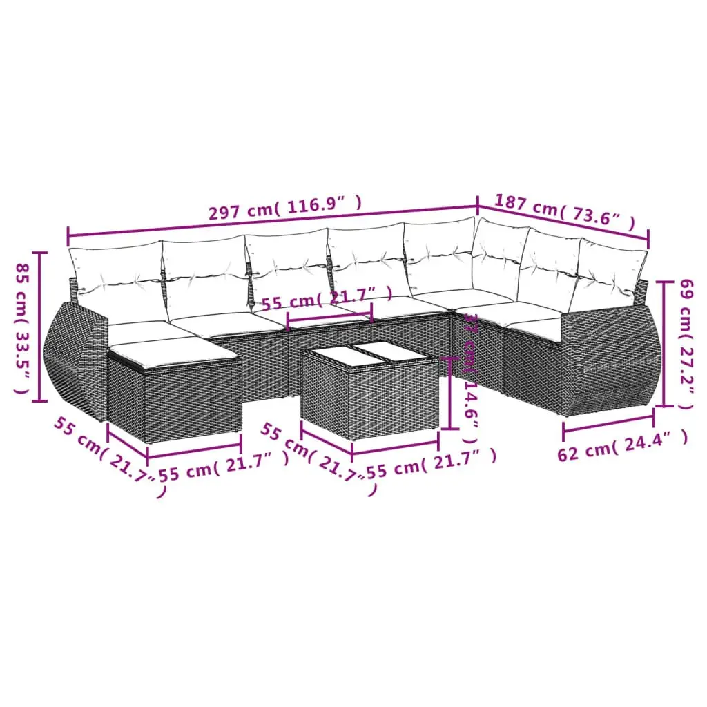 9 Piece Outdoor Sectional Sofa Set in Black
