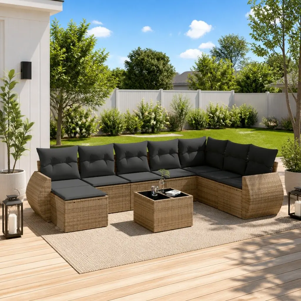Outdoor Sofa Set PE Poly Rattan 9 Piece Grey Garden Furniture