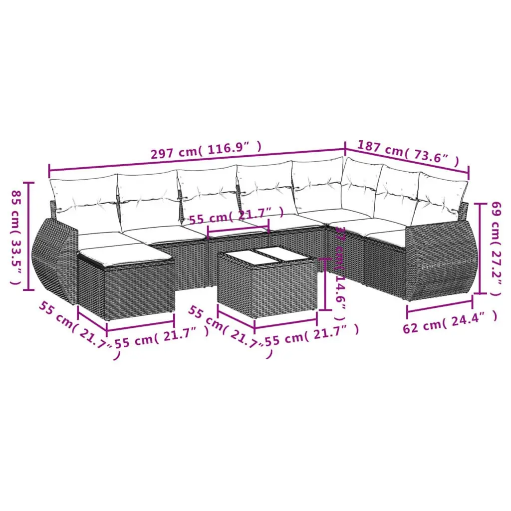 Outdoor Sofa Set PE Poly Rattan 9 Piece Grey Garden Furniture