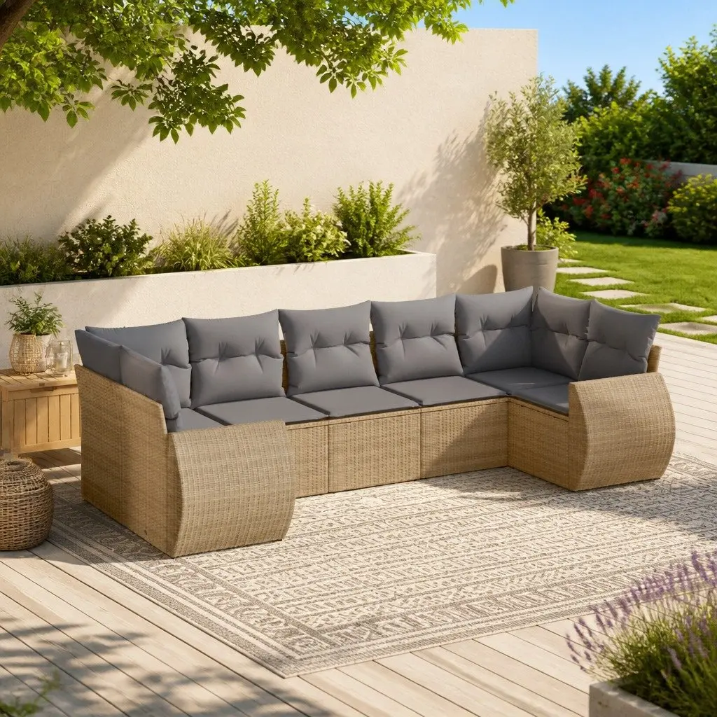7 Piece Beige Outdoor Sectional Sofa Set