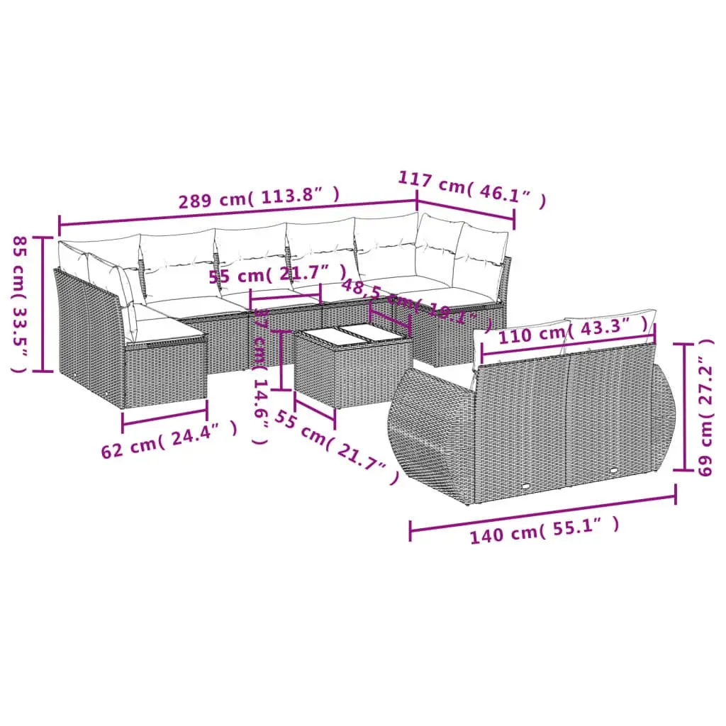 10-Piece Grey Poly Rattan Outdoor Sofa Set