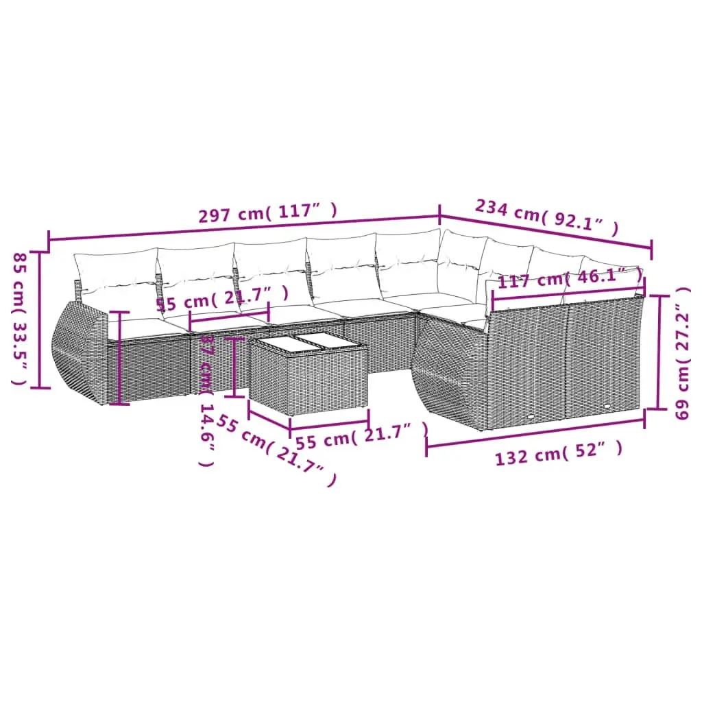 Outdoor Sectional Sofa Set PE Poly Rattan 10 Piece Grey