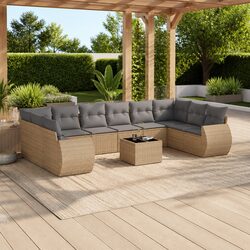 Beige Poly Rattan Outdoor Sectional Sofa Set 11 Pieces