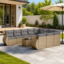 Beige Poly Rattan 11 Piece Outdoor Sectional Sofa Set