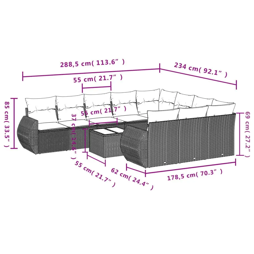 Grey Poly Rattan 11 Piece Outdoor Sectional Sofa Set