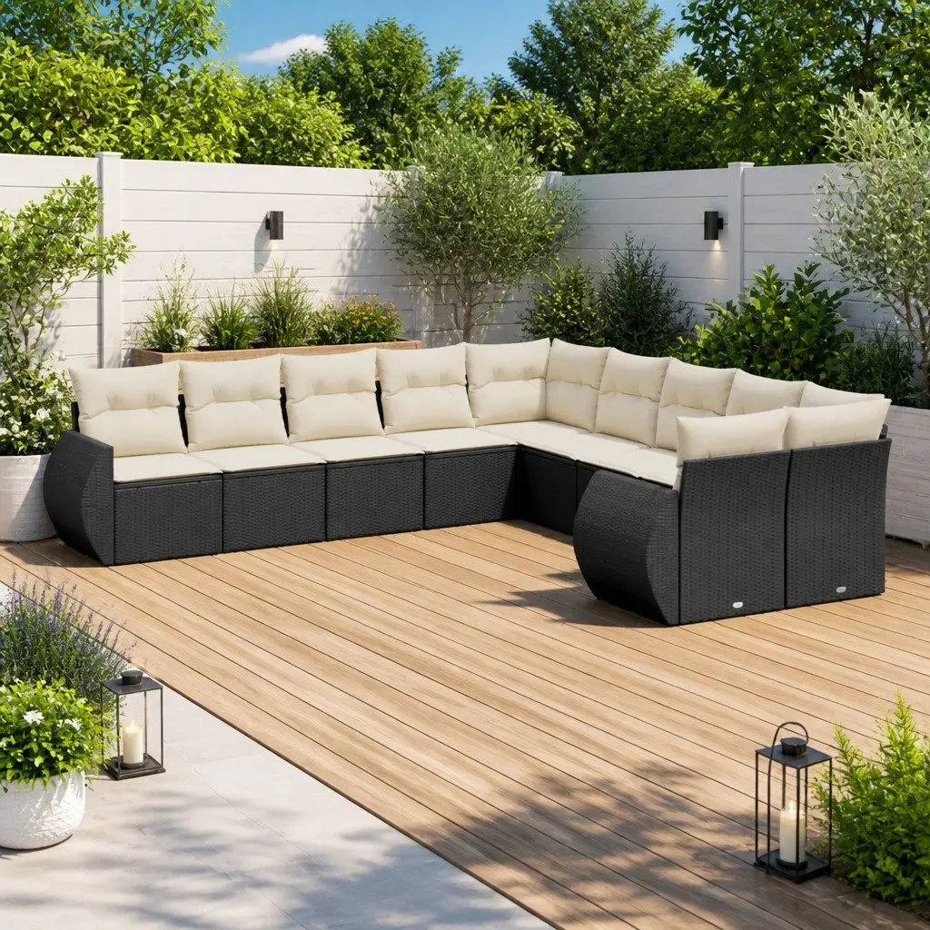 10 Piece Garden Sofa Set PE Rattan Black Modular with Cushions