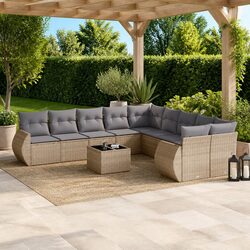 11 Piece Outdoor Garden Sectional Sofa Set Beige Poly Rattan with Cushions