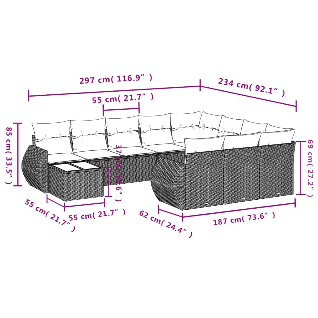 11 Piece Outdoor Sectional Sofa Set in Grey