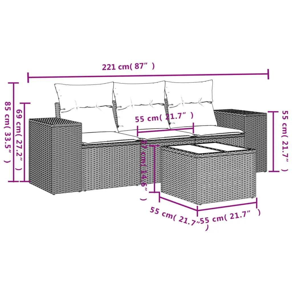 4-Piece Outdoor Sectional Sofa Set Grey Poly Rattan