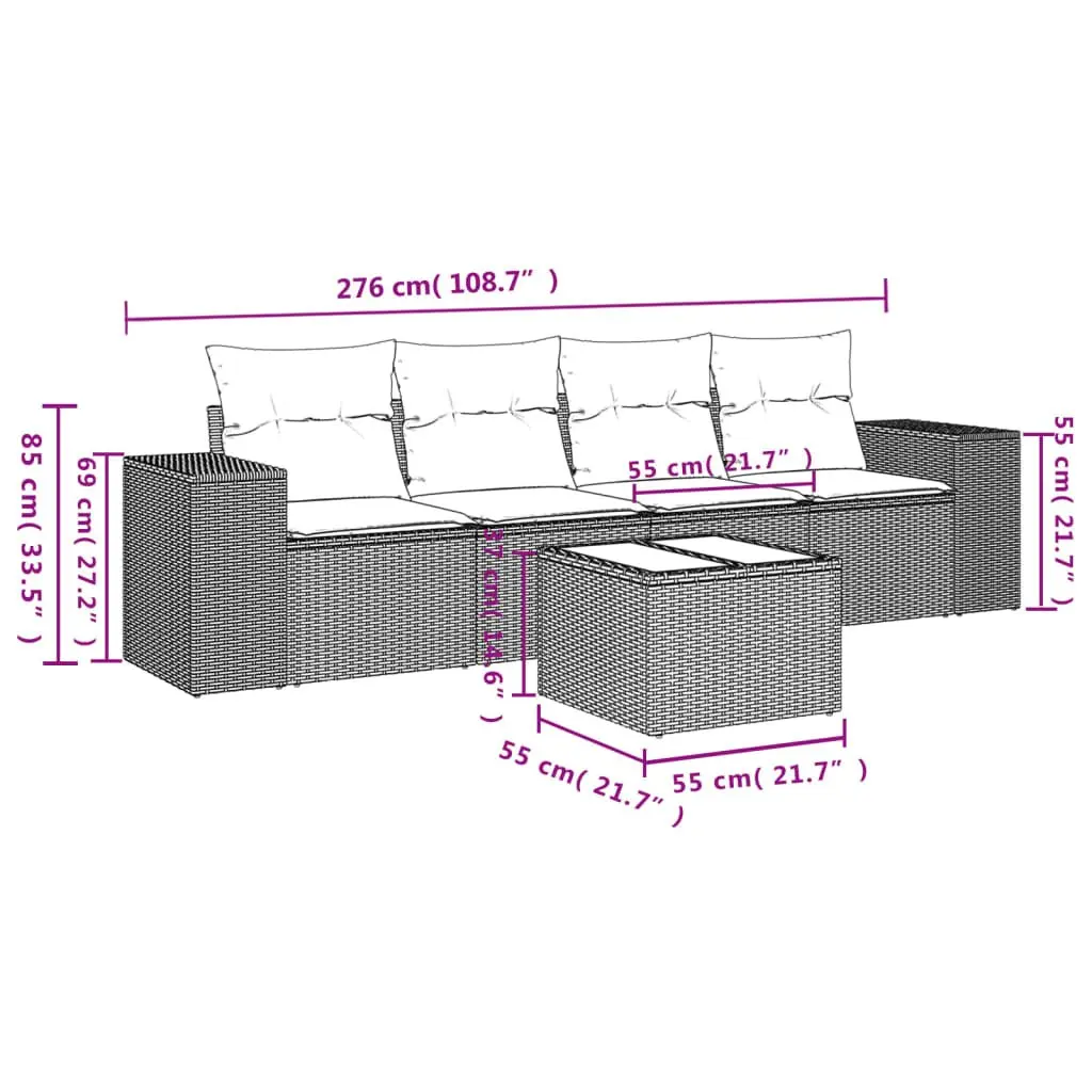 Outdoor Sectional Sofa Set 5 Piece Black Poly Rattan Garden Furniture with