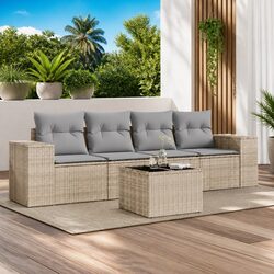 5 Piece Outdoor Sectional Sofa Set with Beige Poly Rattan