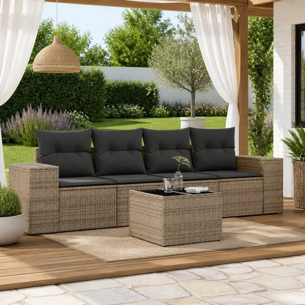 5-Piece Grey Poly Rattan Outdoor Sofa Set with Cushions
