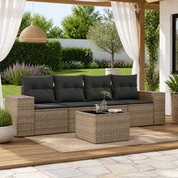 5-Piece Grey Poly Rattan Outdoor Sofa Set with Cushions