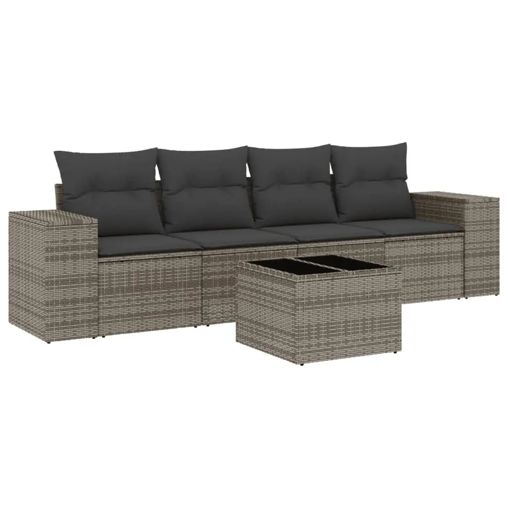 5-Piece Grey Poly Rattan Outdoor Sofa Set with Cushions