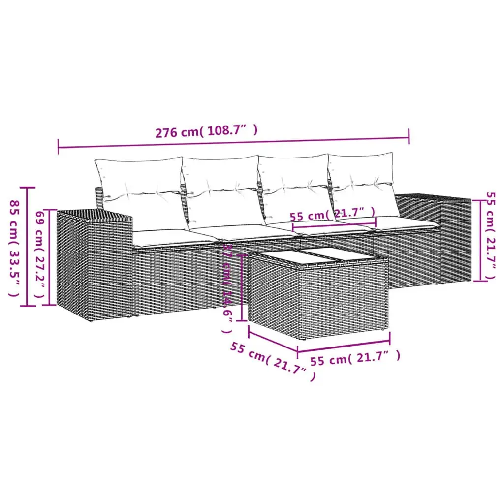 5-Piece Grey Poly Rattan Outdoor Sofa Set with Cushions