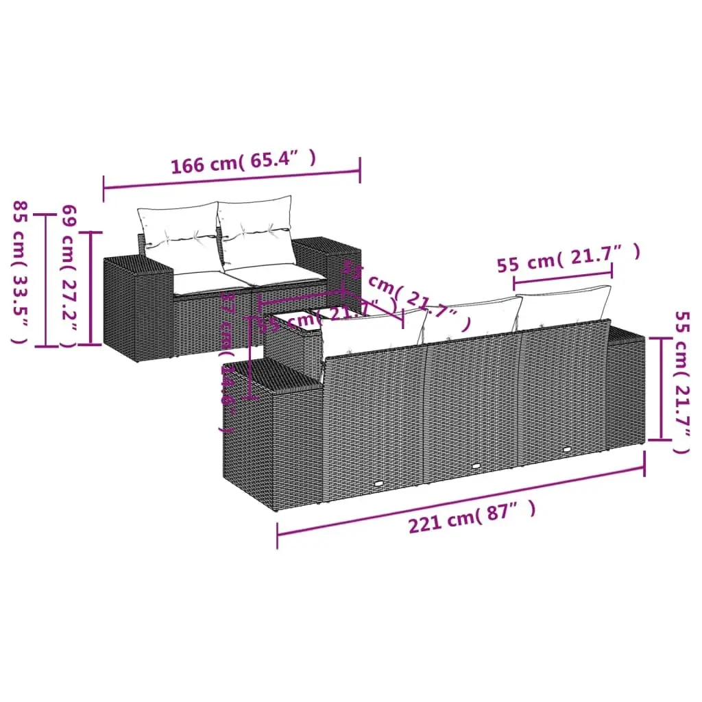 6-Piece Black Sectional Patio Sofa Set with Cushions