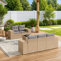 Premium 6 Piece Outdoor Sofa Set in Beige Poly Rattan