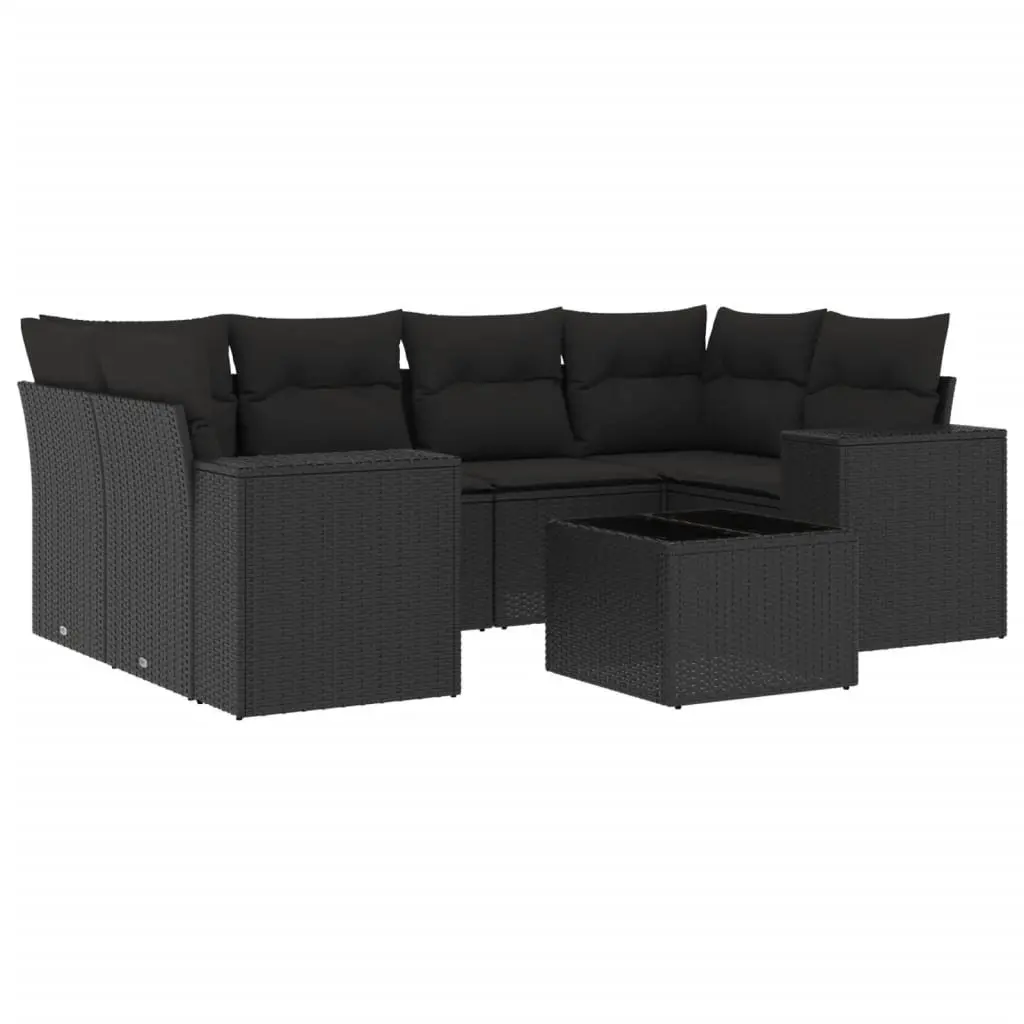 Outdoor Sectional Sofa Set PE Rattan 7 Piece Black with Tempered Glass Table