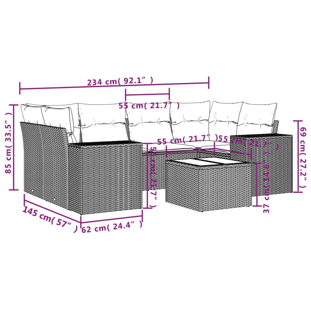 Outdoor Sofa Set PE Rattan 7 Piece Grey Modular Garden Furniture