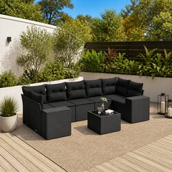 8-Piece Black Poly Rattan Outdoor Sectional Sofa Set
