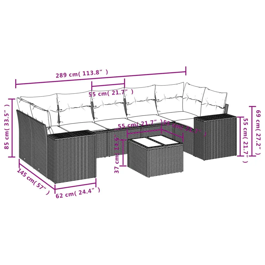 Outdoor Sectional Sofa Set PE Rattan 8 Piece Black
