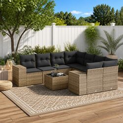 9-Piece Grey Poly Rattan Outdoor Sectional Sofa Set