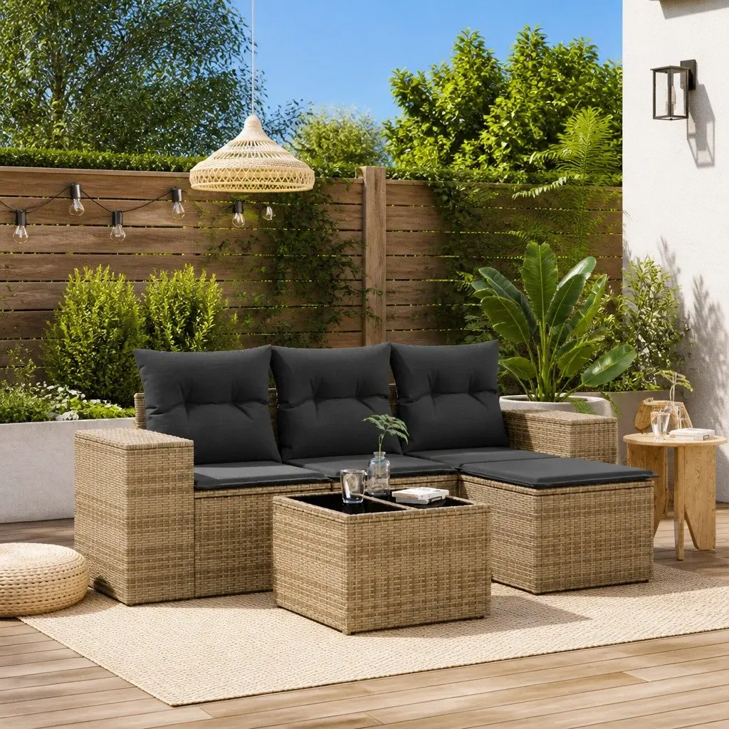5-Piece Grey Poly Rattan Outdoor Sofa Set