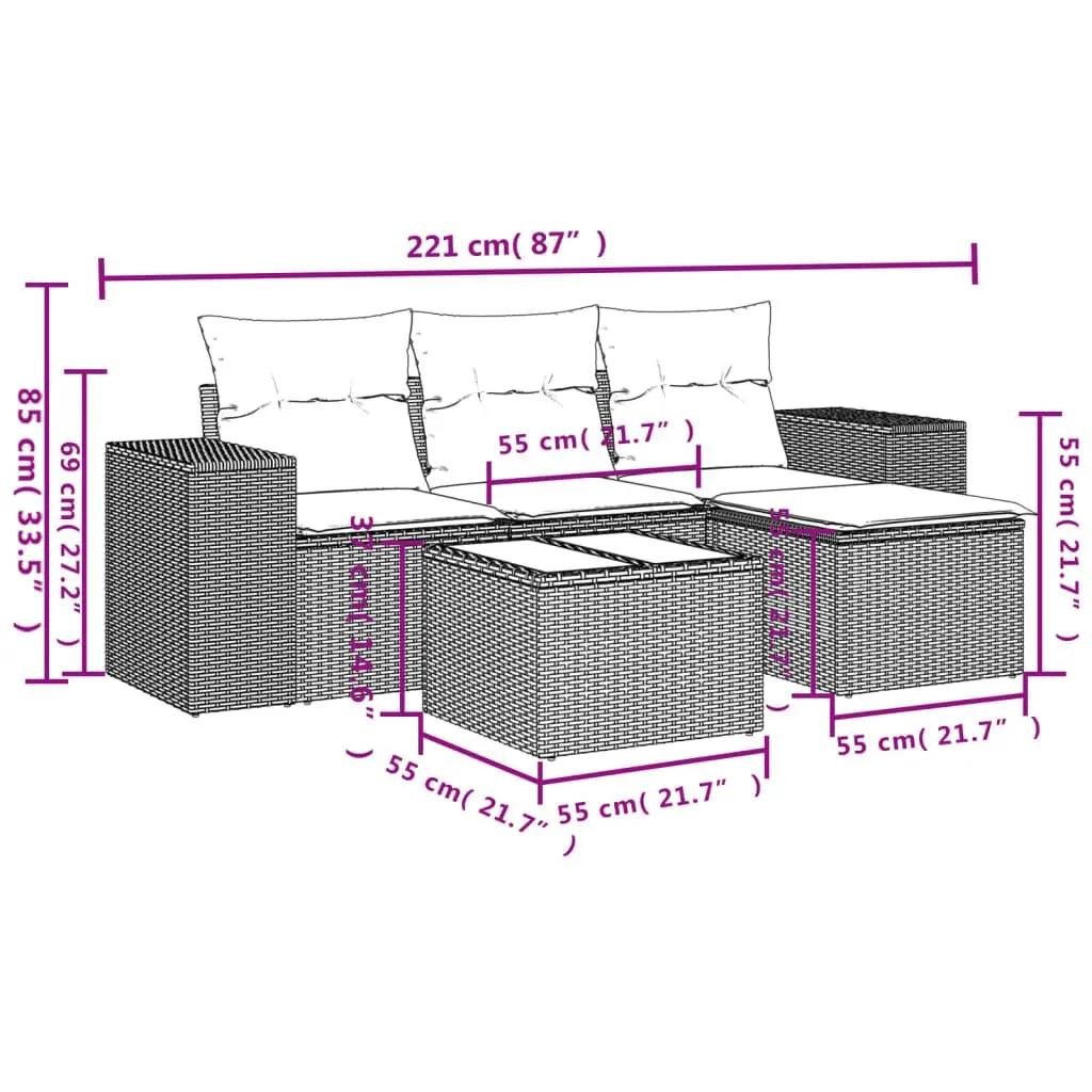 5-Piece Grey Poly Rattan Outdoor Sofa Set