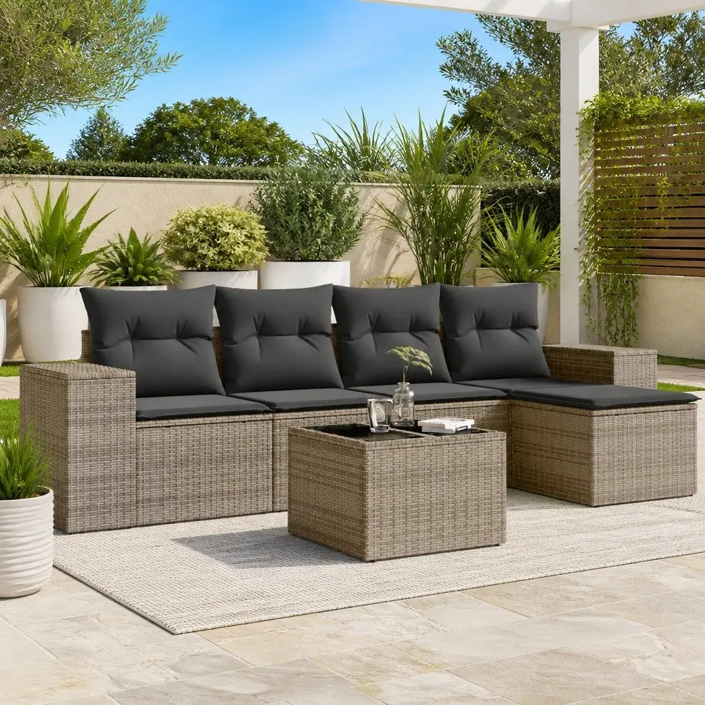 Outdoor Sectional Sofa Set PE Rattan 6 Piece Grey with Cushions