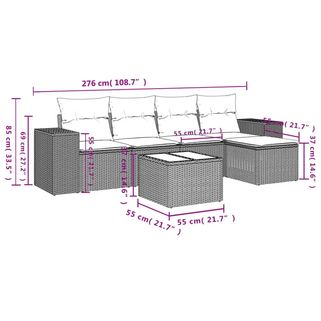 Outdoor Sectional Sofa Set PE Rattan 6 Piece Grey with Cushions