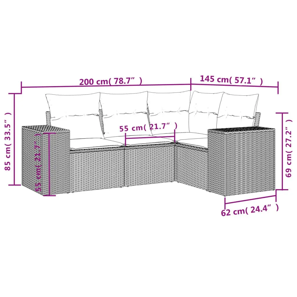 Outdoor Sofa Set PE Rattan 4 Piece Modular Lounge Grey