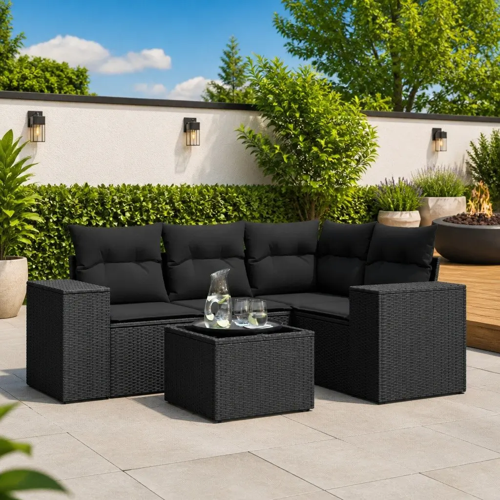 Outdoor Sofa Set PE Rattan 5 Piece Black Modular Garden Furniture
