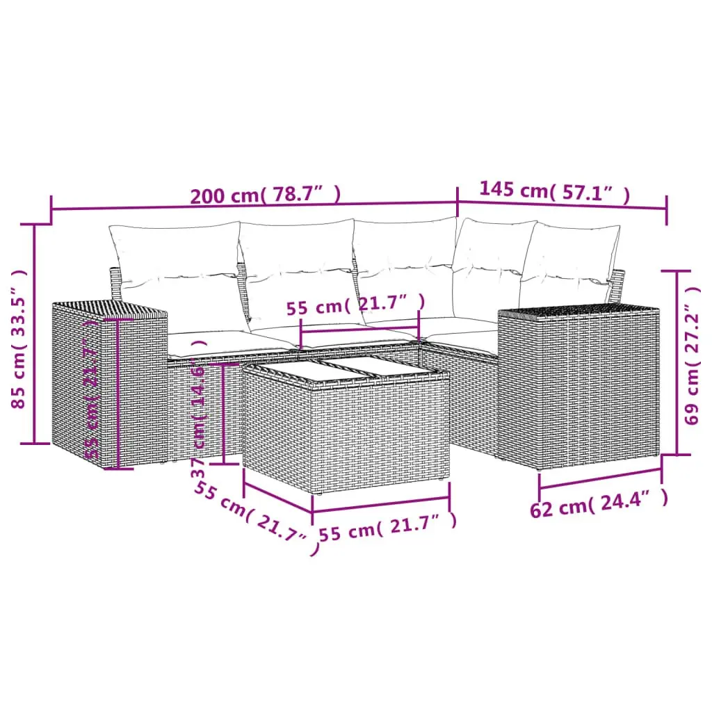 Outdoor Sofa Set PE Rattan 5 Piece Black Modular Garden Furniture