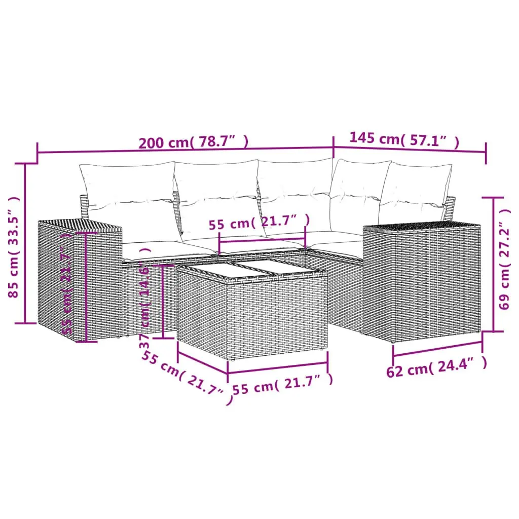 5 Piece Grey Outdoor Sectional Sofa Set for Patios