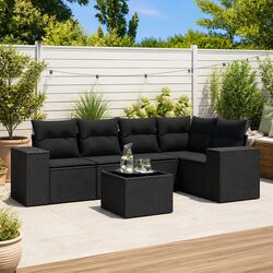 Premium 6 Piece Black Rattan Garden Sofa Set with Cushions
