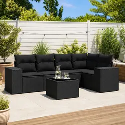 Premium 6 Piece Black Rattan Garden Sofa Set with Cushions