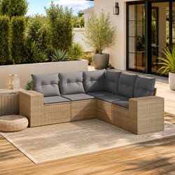 5-Piece Beige Poly Rattan Garden Sofa Set with Cushions