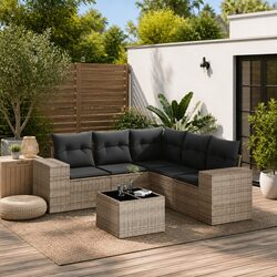 Grey Outdoor Garden Sofa Set 6-Piece Sectional with Cushions