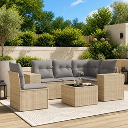 6 Piece Modular Garden Sofa Set Beige Poly Rattan