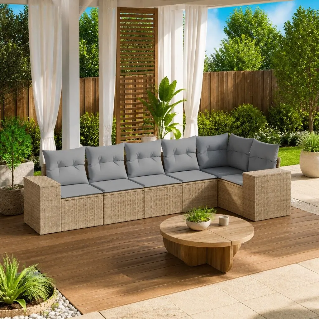 Garden Sofa Set PE Rattan 6 Piece Outdoor Furniture Beige with Cushions